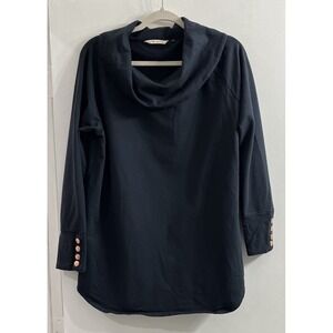Soft Surroundings Valerie Pullover Tunic Top Black Cowl Neck Gold Button Classic